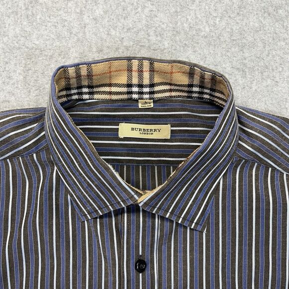 Burberry London Shirt Men’s Large Brown Blue Striped Button Up Made in England - Picture 4 of 14